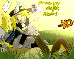 Size: 1024x819 | Tagged: safe, artist:serendipity-kitty, derpy hooves, doctor whooves, pegasus, pony, blushing, clothes, crash, female, mail, mare, uniform, working