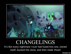 Size: 1000x755 | Tagged: safe, edit, edited screencap, screencap, queen chrysalis, changeling, changeling queen, to where and back again, cell jr, changeling armor, changeling guard, changeling hive, demotivational poster, dragonball z abridged, female, meme, team four star, vegeta