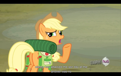 Size: 1024x640 | Tagged: safe, screencap, applejack, earth pony, pony, sleepless in ponyville, alaska, hub logo, youtube caption