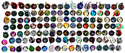 Size: 4500x1930 | Tagged: safe, artist:lakword, derpy hooves, dj pon-3, octavia melody, princess celestia, princess luna, queen chrysalis, starlight glimmer, sunset shimmer, vinyl scratch, oc, alicorn, changeling, changeling queen, earth pony, pony, absurd resolution, buttons, collection, group, icon