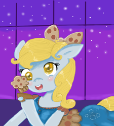 Size: 900x1000 | Tagged: safe, artist:lizabeywonder, derpy hooves, pegasus, pony, blushing, bow, clothes, dress, female, gala, gala dress, grand galloping gala, mare, muffin, night, solo