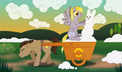 Size: 900x534 | Tagged: safe, artist:fogdragon23, derpy hooves, doctor whooves, pegasus, pony, rabbit, winter wrap up, female, mare, snow, snowman, wagon