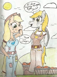 Size: 771x1037 | Tagged: safe, artist:doodlethepony, applejack, derpy hooves, anthro, applerack, breasts, derpy loaves, female, orange, speech bubble, traditional art