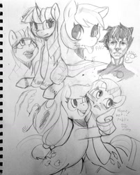 Size: 1280x1591 | Tagged: safe, artist:mewball, derpibooru import, applejack, rarity, twilight sparkle, female, hand, homestuck, hug, karkat vantas, lesbian, rarijack, shipping, sketch