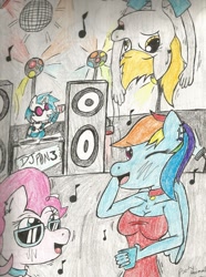 Size: 771x1037 | Tagged: safe, artist:doodlethepony, derpy hooves, dj pon-3, pinkie pie, vinyl scratch, anthro, disco ball, music, music notes, sunglasses, traditional art