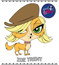 Size: 721x792 | Tagged: safe, applejack, dog, barely pony related, collar, female, freckles, green eyes, hat, lidded eyes, littlest pet shop, looking at you, open mouth, orange coat, simple background, text, white background, zoe trent