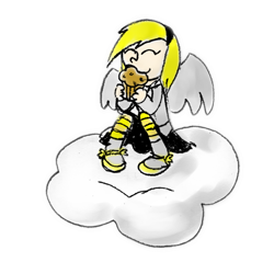 Size: 680x650 | Tagged: safe, artist:onerandomnameindeed, derpy hooves, cloud, humanized, muffin, solo, winged humanization