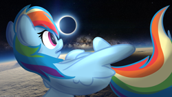 Size: 1024x576 | Tagged: safe, artist:littleblackraencloud, derpibooru import, rainbow dash, pegasus, pony, eclipse, female, floating, horizon, irl, mare, moon, open mouth, photo, planet, ponies in real life, rear view, sky, solar eclipse, solo, space, stars, sun