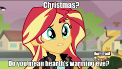 Size: 1280x720 | Tagged: safe, sunset shimmer, equestria girls, friendship games, christmas, discovery family logo, hearth's warming, meme