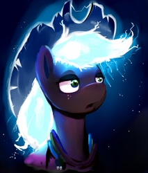 Size: 800x939 | Tagged: safe, artist:gsphere, applejack, earth pony, pony, alternate hairstyle, dark, electricity, glow, glowing mane, surreal