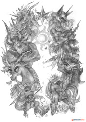 Size: 849x1200 | Tagged: safe, artist:girlsay, daybreaker, discord, king sombra, lord tirek, nightmare moon, queen chrysalis, spike, starlight glimmer, alicorn, anthro, changeling, changeling queen, draconequus, dragon, unicorn, antagonist, female, grayscale, male, monochrome, patreon, patreon logo, saddle bag, simple background, sketch, smiling, white background