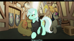 Size: 1920x1080 | Tagged: safe, artist:white-pwny, applejack, bon bon, lyra heartstrings, sweetie drops, earth pony, pony, fanfic:background pony, background pony, background pony applejack, clothes, emo, emo lyra, fanfic, hoodie, ponies wearing black, wallpaper