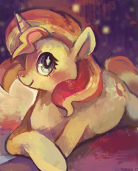 Size: 881x1090 | Tagged: safe, artist:cherivinca, sunset shimmer, pony, unicorn, prone, solo