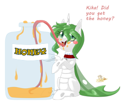 Size: 956x800 | Tagged: safe, artist:unisoleil, derpibooru import, oc, oc:kika, changeling, albino changeling, dialogue, female, food, green changeling, honey, impossibly long tongue, jar, long tongue, simple background, solo, tongue out, transparent background