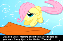 Size: 1024x671 | Tagged: safe, fluttershy, pegasus, pony, blanket, bronybait, caption, cloud, cs captions, filly, floppy ears, foal