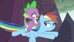 Size: 1366x768 | Tagged: safe, derpibooru import, screencap, rainbow dash, spike, dragon, pegasus, pony, shadow play