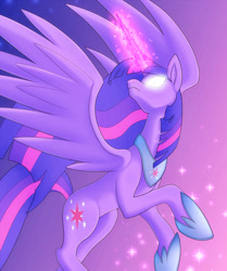 Size: 818x977 | Tagged: safe, artist:stalkerpony, derpibooru import, twilight sparkle, twilight sparkle (alicorn), alicorn, pony, female, glowing eyes, gradient background, hoof shoes, magic, magic aura, mare, peytral, purple background, simple background, solo, spread wings, ultimate twilight, wings