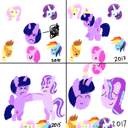 Size: 1000x1000 | Tagged: safe, artist:toyminator900, derpibooru import, applejack, fluttershy, pinkie pie, rainbow dash, rarity, starlight glimmer, twilight sparkle, twilight sparkle (alicorn), alicorn, earth pony, pegasus, pony, unicorn, ><, candle, cupcake, eyes closed, food, happy birthday mlp:fim, mane six, mlp fim's seventh anniversary, simple background, white background