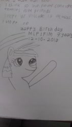 Size: 1836x3264 | Tagged: safe, derpibooru import, rainbow dash, pegasus, pony, 5 minutes challenge, facebook sticker, happy birthday mlp:fim, messenger, mlp fim's seventh anniversary, monochrome, redraw, restyled, solo, traditional art