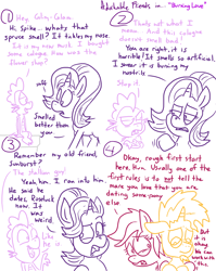 Size: 1280x1611 | Tagged: safe, artist:adorkabletwilightandfriends, roseluck, spike, starlight glimmer, sunburst, dragon, pony, unicorn, comic:adorkable twilight and friends, adorkable friends, cologne, comic, crossed arms, dialogue, floppy ears, lidded eyes, lineart, looking at each other, nostrils, open mouth, sad, sitting, slice of life, smelly