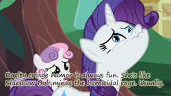 Size: 640x360 | Tagged: safe, screencap, rarity, sweetie belle, pony, unicorn, sisterhooves social, insane pony thread, popeye jaw, sideshow bob, the simpsons