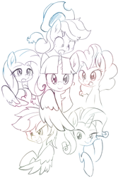 Size: 2000x3000 | Tagged: safe, artist:akainu_pony, derpibooru import, applejack, fluttershy, pinkie pie, rainbow dash, rarity, twilight sparkle, twilight sparkle (alicorn), alicorn, earth pony, pegasus, pony, unicorn, bust, high res, mane six, monochrome, portrait