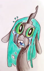 Size: 2066x3348 | Tagged: source needed, safe, artist:smirk, queen chrysalis, changeling, changeling queen, bust, crying, crysalis, female, floppy ears, sad, solo, traditional art