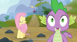 Size: 1599x871 | Tagged: safe, edit, edited screencap, screencap, fluttershy, spike, dragon, pegasus, pony, spike at your service, caption, female, male, mare, youtube caption