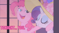 Size: 1280x720 | Tagged: safe, edit, edited screencap, screencap, pinkie pie, rarity, earth pony, pony, unicorn, aqua teen hunger force, bedroom eyes, caption, image macro, out of context, pink text, tonight you