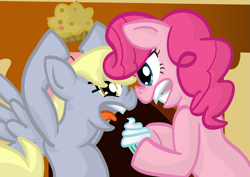 Size: 4961x3508 | Tagged: safe, derpy hooves, pinkie pie, pegasus, pony, argument, cupcake, cupcakes vs muffins, female, fight, mare, muffin, vs