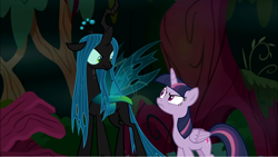 Size: 1248x702 | Tagged: safe, screencap, mean twilight sparkle, queen chrysalis, alicorn, changeling, changeling queen, pony, the mean 6, clone, duo, everfree forest, female, insulted, looking at each other, mare