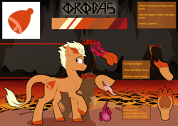 Size: 1280x908 | Tagged: safe, artist:beardie, derpibooru import, oc, oc only, oc:orobas, dracony, hybrid, pony, cave, claws, fire, horns, lava, long tongue, looking back, magic, reference sheet, text, tongue out, underhoof, volcano