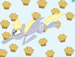Size: 1024x768 | Tagged: safe, artist:miim7, derpy hooves, pegasus, pony, female, flying, mare, muffin, solo