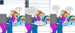 Size: 1808x800 | Tagged: safe, artist:dekomaru, derpibooru import, applejack, rainbow dash, oc, oc:nurse blue, earth pony, pegasus, pony, appledash, ask, comic, female, lesbian, magic, nurse, pregnant, prone, shipping, tumblr, tumblr:ask twixie