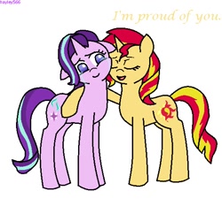 Size: 540x487 | Tagged: safe, artist:hayley566, starlight glimmer, sunset shimmer, pony, unicorn, counterparts, crying, dialogue, duo, eyes closed, floppy ears, hug, open mouth, simple background, smiling, tears of joy, twilight's counterparts, white background