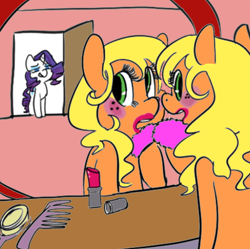 Size: 676x673 | Tagged: safe, artist:mt, applejack, rarity, earth pony, pony, unicorn, and then there's rarity, applejack also dresses in style, caught, door, girly, grin, lipstick, makeup, mirror, smiling, smirk, this will end in fashion, this will end in makeovers