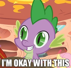 Size: 400x380 | Tagged: safe, fluttershy, spike, dragon, pegasus, pony, duo, golden oaks library, i'm okay with this, image macro, male, reaction image, smiling