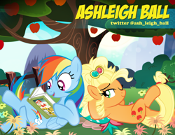 Size: 900x695 | Tagged: safe, artist:pixelkitties, derpibooru import, applejack, daring do, rainbow dash, earth pony, pegasus, pony, alternate hairstyle, apple, applejewel, ashleigh ball, clothes, crossed legs, dress, duo, happy, lying down, on back, pixelkitties' brilliant autograph media artwork, reading