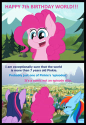 Size: 3656x5328 | Tagged: safe, artist:duop-qoub, derpibooru import, pinkie pie, rainbow dash, twilight sparkle, twilight sparkle (alicorn), alicorn, earth pony, pegasus, pony, 2 panel comic, breaking the fourth wall, comic, happy birthday mlp:fim, lidded eyes, mlp fim's seventh anniversary, nose wrinkle, ponyville, smiling, tree, unamused