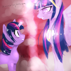 Size: 800x800 | Tagged: safe, artist:marinakirby, derpibooru import, twilight sparkle, twilight sparkle (alicorn), unicorn twilight, alicorn, pony, unicorn, 30 minute art challenge, duality, female, mare, self ponidox, ultimate twilight