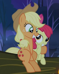 Size: 481x605 | Tagged: safe, screencap, apple bloom, applejack, earth pony, pony, sleepless in ponyville, cute, female, filly, hug, mare, out of context