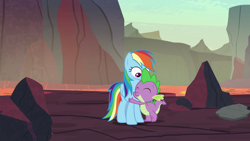 Size: 1366x768 | Tagged: safe, derpibooru import, screencap, rainbow dash, spike, dragon, pegasus, pony, shadow play, dragon lands, hug