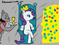 Size: 1280x960 | Tagged: safe, artist:asksaturnstar, rarity, rover, diamond dog, pony, unicorn, 30 minute art challenge, throne