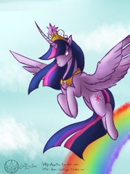 Size: 600x800 | Tagged: safe, artist:aeritus, derpibooru import, twilight sparkle, twilight sparkle (alicorn), alicorn, pony, 30 minute art challenge, big crown thingy, female, flying, jewelry, mare, peytral, rainbow, regalia, solo, spread wings, ultimate twilight, wings