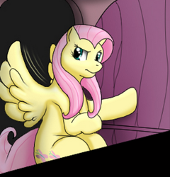 Size: 411x428 | Tagged: safe, artist:kitsuneyoukai, edit, fluttershy, pegasus, pony, comic:dragon you over, angry, door, explicit source, get out, reaction image