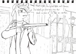 Size: 2470x1748 | Tagged: safe, artist:atiarotias, artist:trelwin, applejack, earth pony, pony, arm hooves, bandana, clothes, coffin, crossover, doodle, female, frown, glare, gun, hooves, mare, monochrome, scar, shotgun, sketch, smoke, solo, the unforgiven, unshorn fetlocks