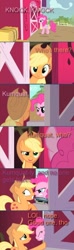 Size: 380x1288 | Tagged: safe, edit, edited screencap, screencap, applejack, gummy, pinkie pie, earth pony, pony, party of one, comic, gun, knock knock joke, kumquat, screencap comic, weapon