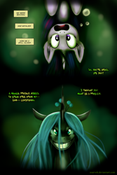 Size: 3000x4500 | Tagged: safe, artist:zoarvek, queen chrysalis, twilight sparkle, changeling, changeling queen, pony, comic:the conquering of love, fanfic:the conquering of love, cocoon, comic, fanfic, fanfic art, fangs, female, hung upside down, looking at you, smiling, toothy grin, upside down, wide eyes