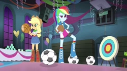 Size: 1920x1080 | Tagged: safe, derpibooru import, screencap, applejack, rainbow dash, equestria girls, rainbow rocks, shake your tail, balloon, basketball, football, target, whistle