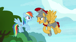 Size: 1920x1080 | Tagged: safe, derpibooru import, screencap, flash magnus, rainbow dash, pegasus, pony, shadow play, duo, female, flying, looking at each other, male, mare, stallion